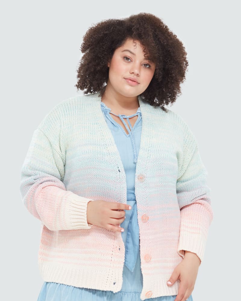 Front of a model wearing a size 0X Nancy Ombre Cardigan Sweater in Soft Multi by DEX PLUS. | dia_product_style_image_id:268457